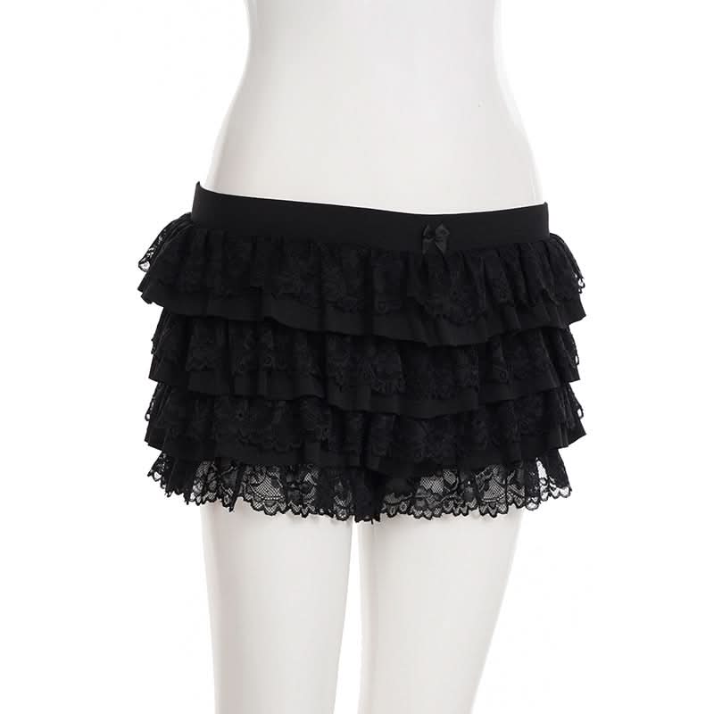 Black Tiered Ruffle Mini Skort with Lace & Bow | Flirty Coquette Shorts for Fall Fashion & Halloween