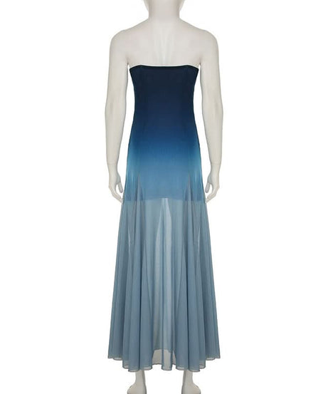 Fall Gala Ready: Ombre Blue Strapless Mesh Maxi Dress – Elegant Wedding Guest & Holiday Party Gown