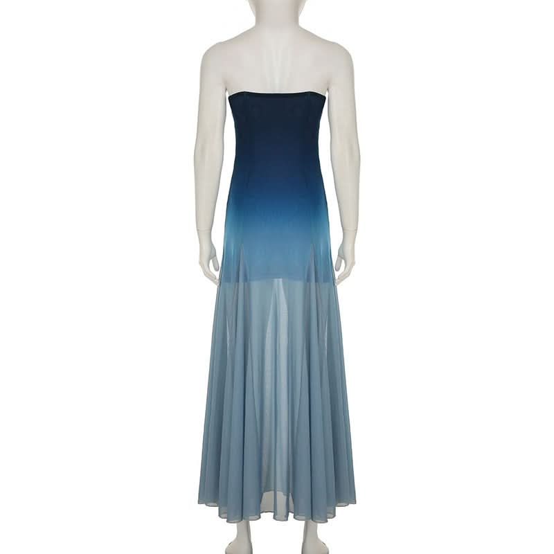 Fall Gala Ready: Ombre Blue Strapless Mesh Maxi Dress – Elegant Wedding Guest & Holiday Party Gown