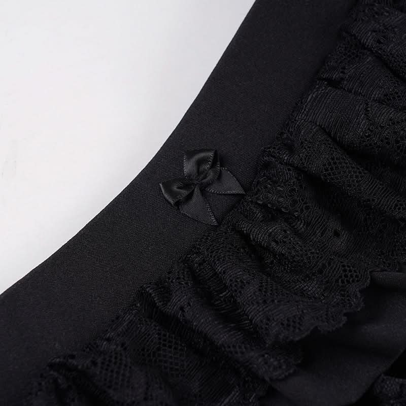 Black Tiered Ruffle Mini Skort with Lace & Bow | Flirty Coquette Shorts for Fall Fashion & Halloween