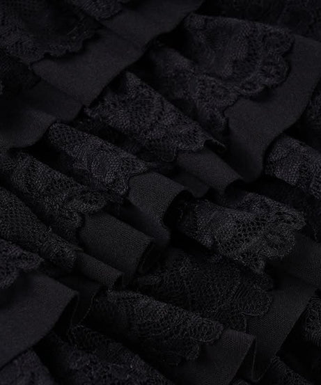 Black Tiered Ruffle Mini Skort with Lace & Bow | Flirty Coquette Shorts for Fall Fashion & Halloween