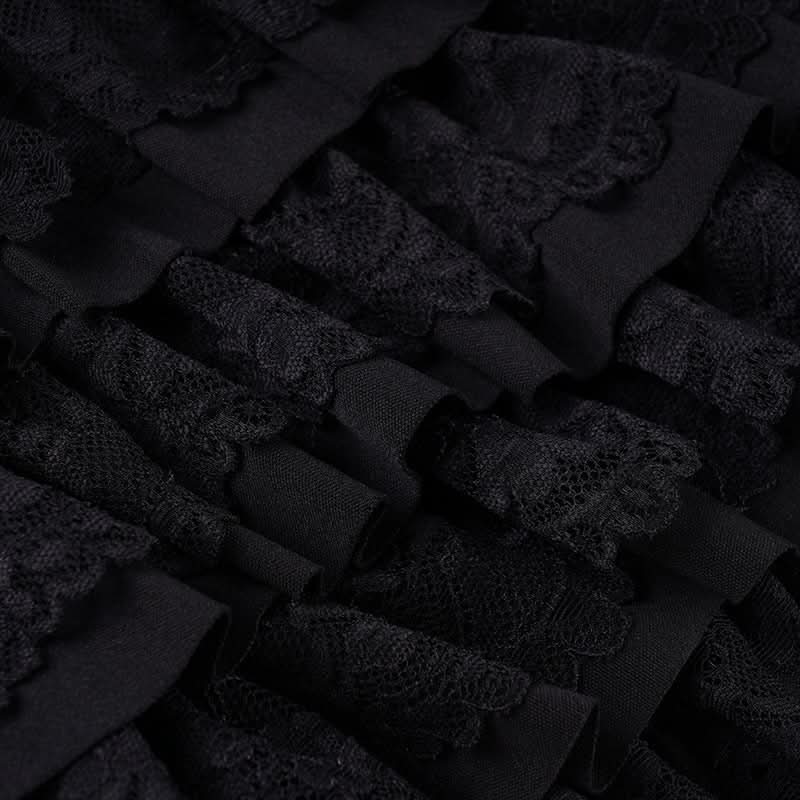 Black Tiered Ruffle Mini Skort with Lace & Bow | Flirty Coquette Shorts for Fall Fashion & Halloween