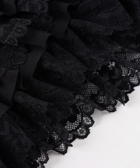 Black Tiered Ruffle Mini Skort with Lace & Bow | Flirty Coquette Shorts for Fall Fashion & Halloween