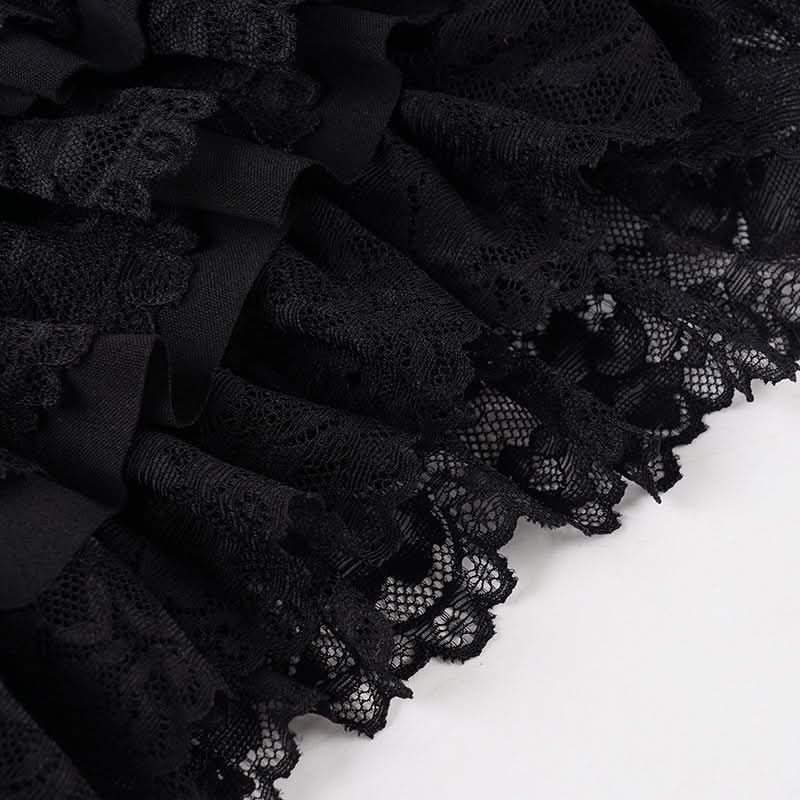 Black Tiered Ruffle Mini Skort with Lace & Bow | Flirty Coquette Shorts for Fall Fashion & Halloween
