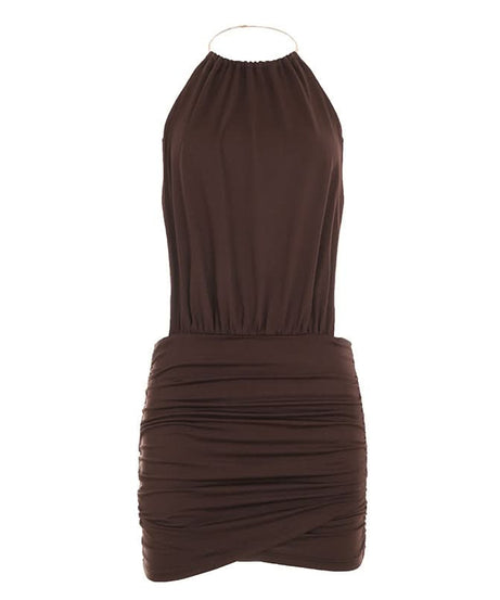 Slinky Brown O-Ring Halter Mini Dress - Backless Ruched Bodycon for Fall Nights Out & Holiday Parties