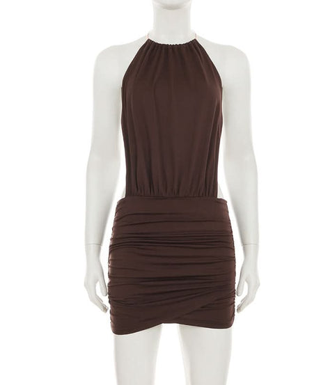 Slinky Brown O-Ring Halter Mini Dress - Backless Ruched Bodycon for Fall Nights Out & Holiday Parties
