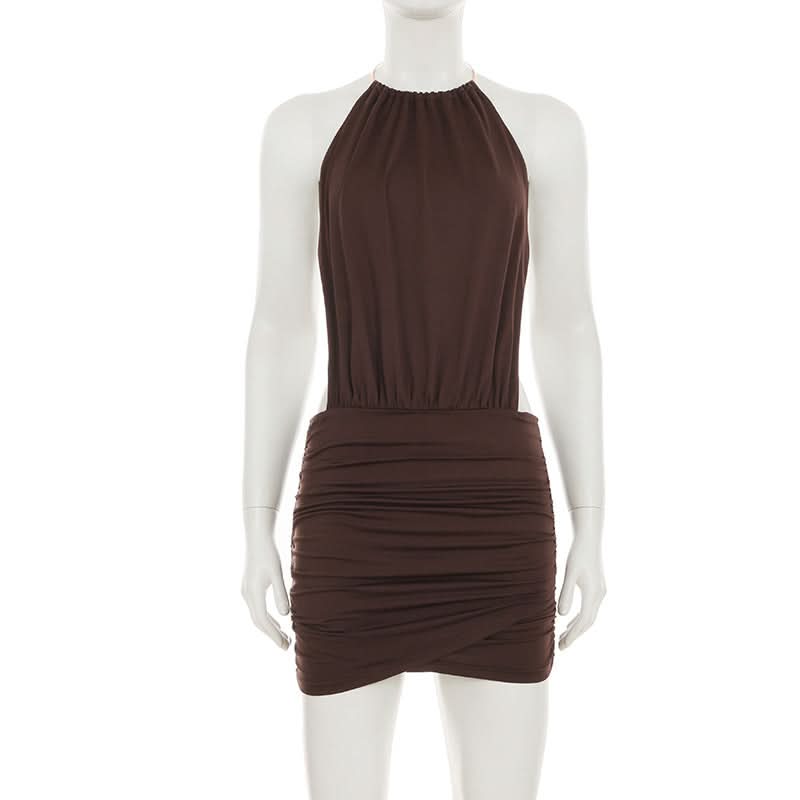 Slinky Brown O-Ring Halter Mini Dress - Backless Ruched Bodycon for Fall Nights Out & Holiday Parties