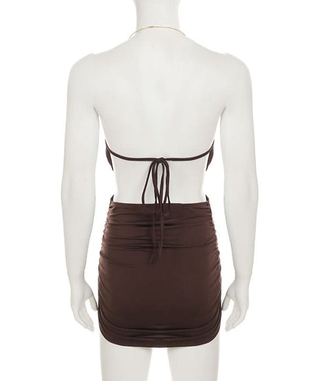 Slinky Brown O-Ring Halter Mini Dress - Backless Ruched Bodycon for Fall Nights Out & Holiday Parties