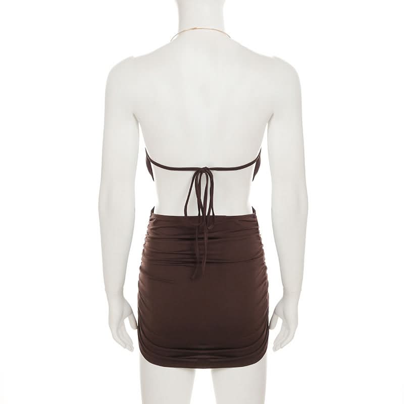 Slinky Brown O-Ring Halter Mini Dress - Backless Ruched Bodycon for Fall Nights Out & Holiday Parties