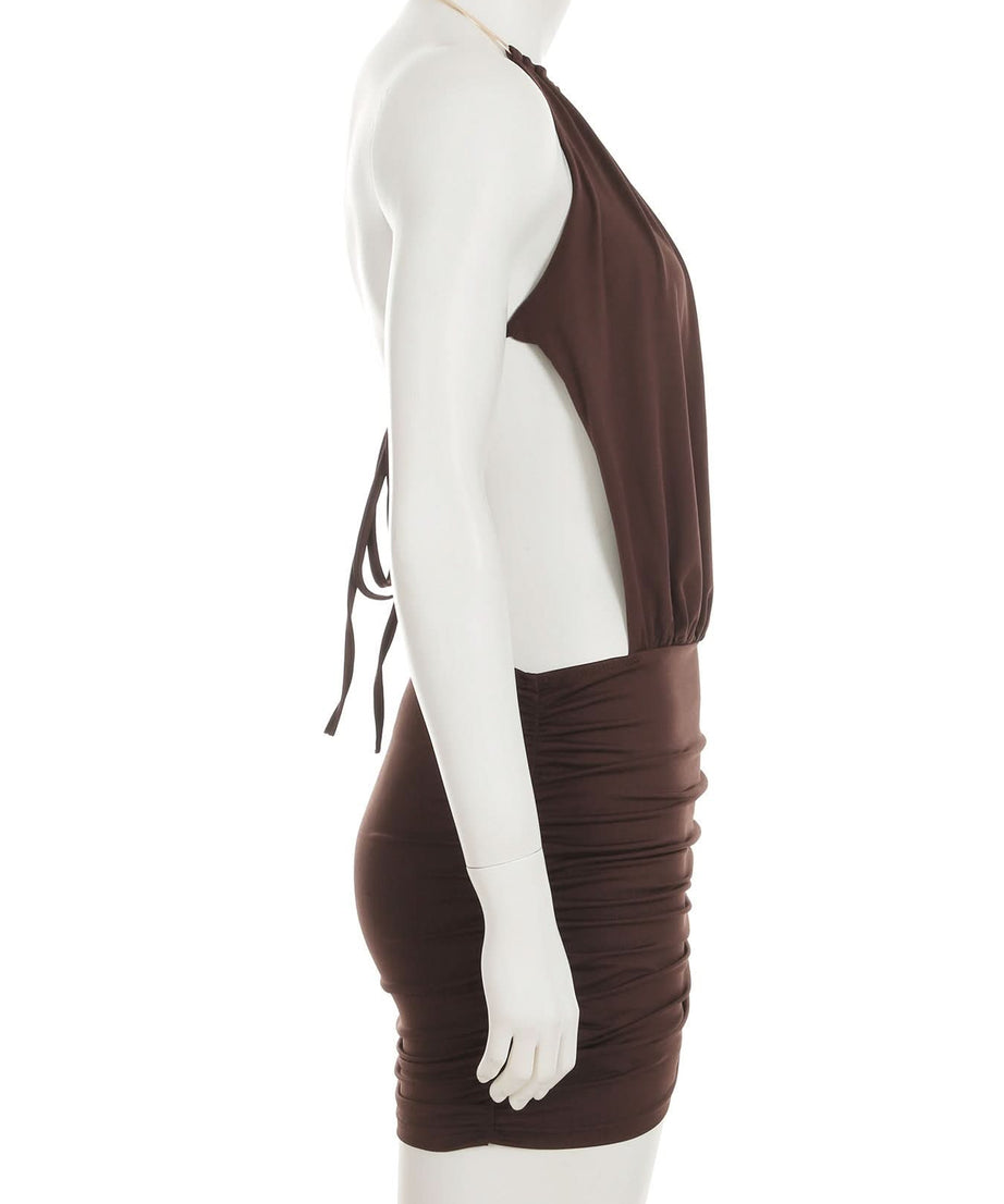 Slinky Brown O-Ring Halter Mini Dress - Backless Ruched Bodycon for Fall Nights Out & Holiday Parties