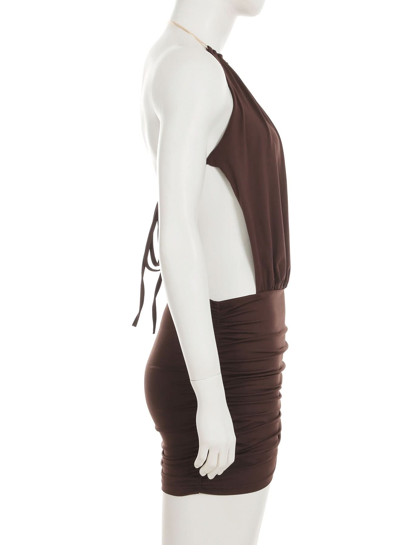 Slinky Brown O-Ring Halter Mini Dress - Backless Ruched Bodycon for Fall Nights Out & Holiday Parties