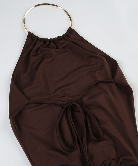 Slinky Brown O-Ring Halter Mini Dress - Backless Ruched Bodycon for Fall Nights Out & Holiday Parties