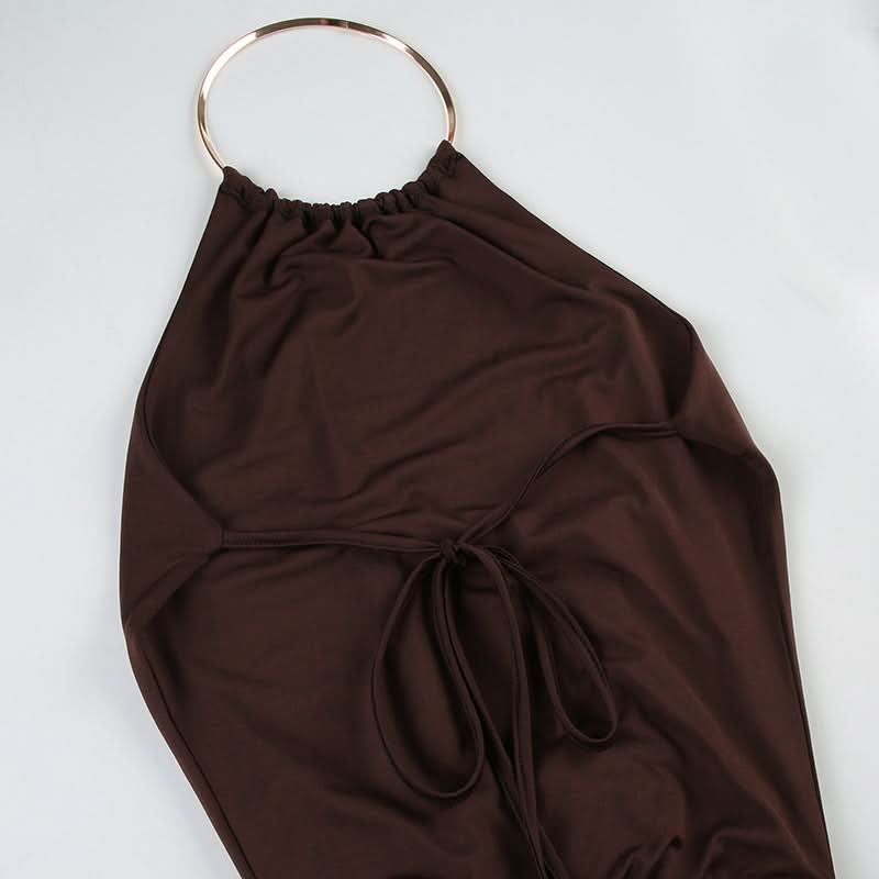 Slinky Brown O-Ring Halter Mini Dress - Backless Ruched Bodycon for Fall Nights Out & Holiday Parties