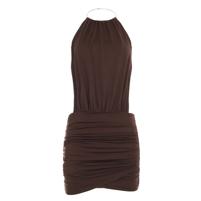 Slinky Brown O-Ring Halter Mini Dress - Backless Ruched Bodycon for Fall Nights Out & Holiday Parties