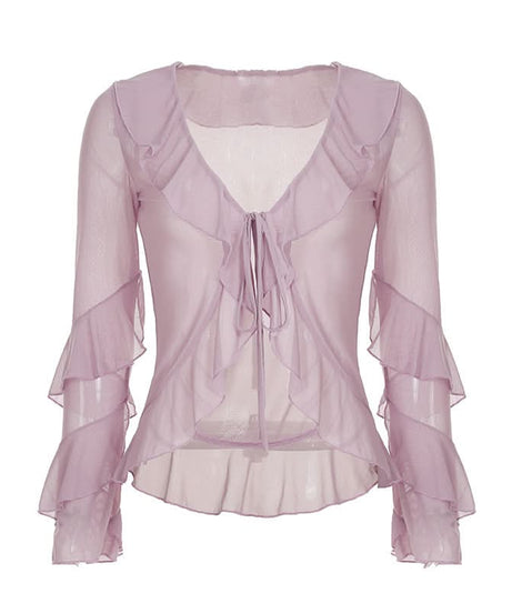 Romantic Lilac Ruffle Tie-Front Sheer Blouse – Chic Fall Layering & Date Night Style