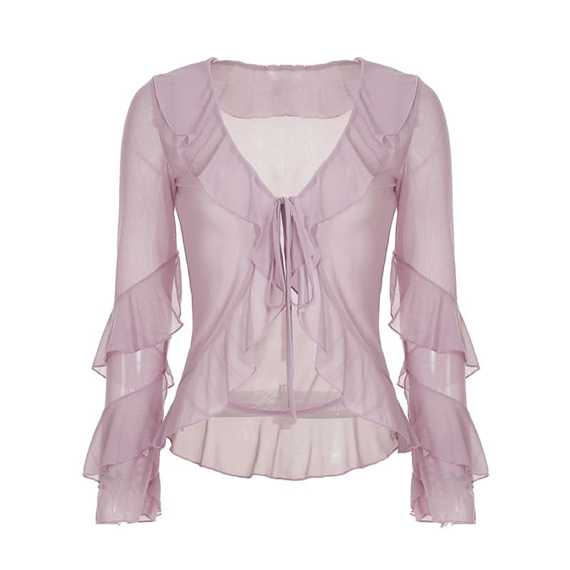 Romantic Lilac Ruffle Tie-Front Sheer Blouse – Chic Fall Layering & Date Night Style