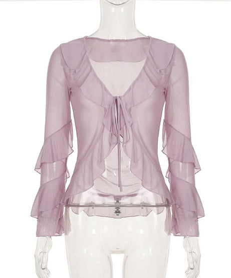 Romantic Lilac Ruffle Tie-Front Sheer Blouse – Chic Fall Layering & Date Night Style