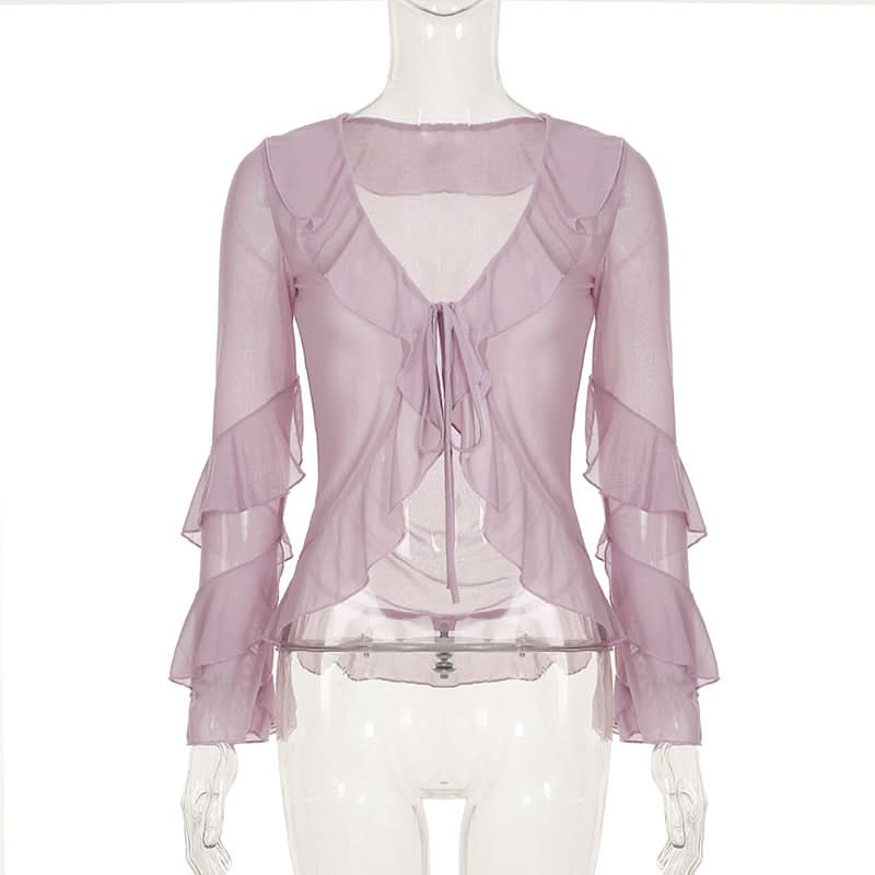 Romantic Lilac Ruffle Tie-Front Sheer Blouse – Chic Fall Layering & Date Night Style