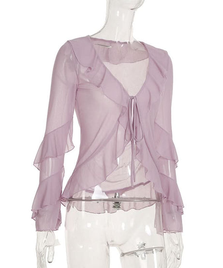 Romantic Lilac Ruffle Tie-Front Sheer Blouse – Chic Fall Layering & Date Night Style