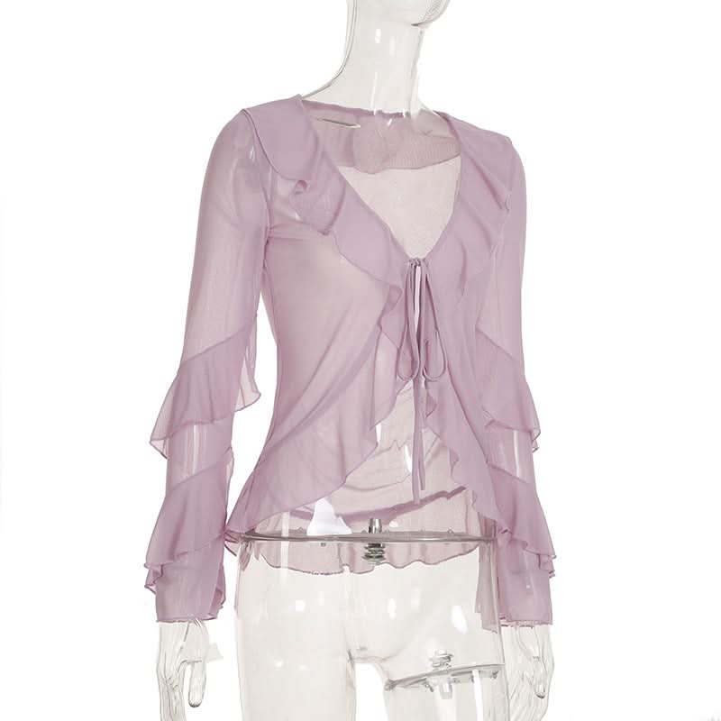 Romantic Lilac Ruffle Tie-Front Sheer Blouse – Chic Fall Layering & Date Night Style
