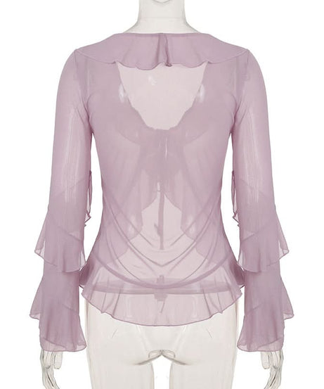 Romantic Lilac Ruffle Tie-Front Sheer Blouse – Chic Fall Layering & Date Night Style