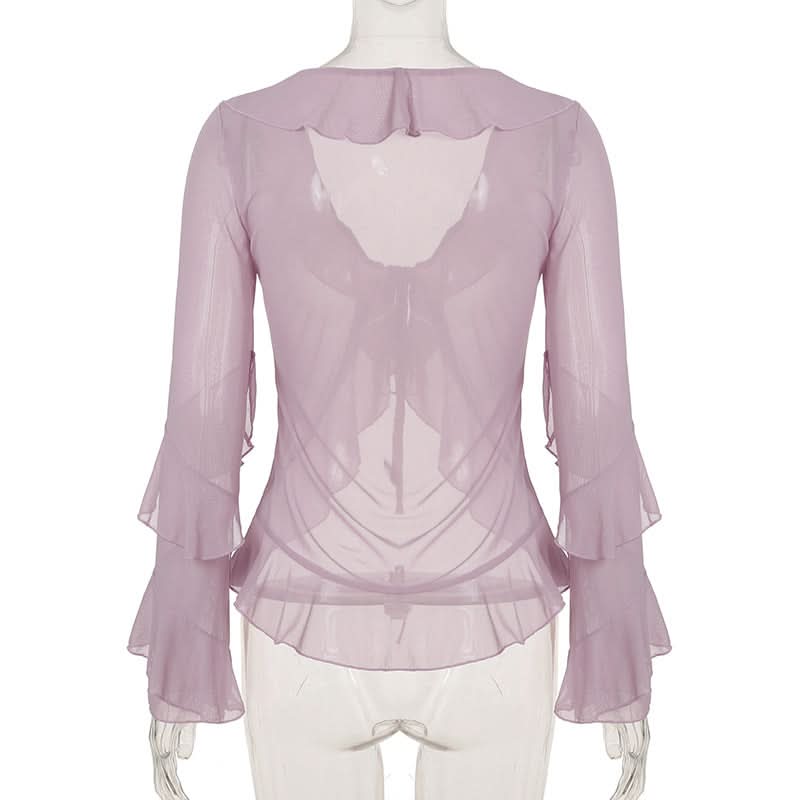 Romantic Lilac Ruffle Tie-Front Sheer Blouse – Chic Fall Layering & Date Night Style