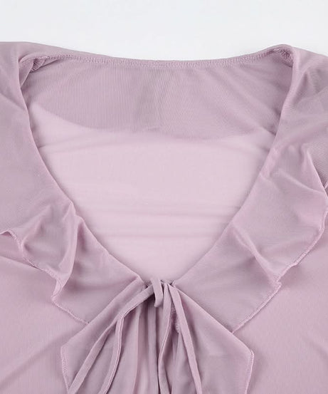 Romantic Lilac Ruffle Tie-Front Sheer Blouse – Chic Fall Layering & Date Night Style