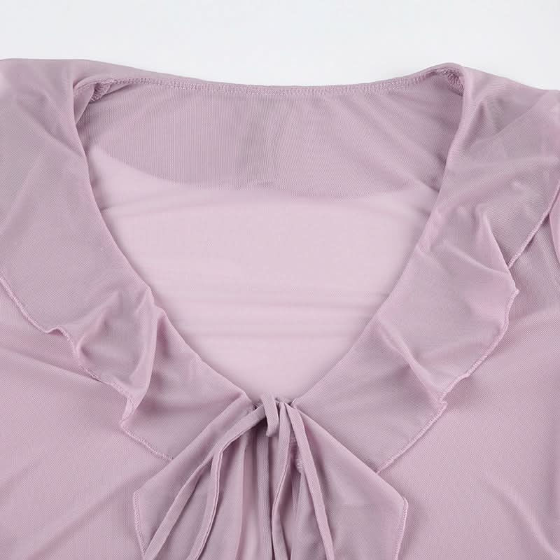 Romantic Lilac Ruffle Tie-Front Sheer Blouse – Chic Fall Layering & Date Night Style