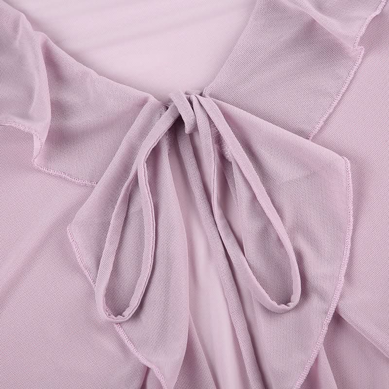Romantic Lilac Ruffle Tie-Front Sheer Blouse – Chic Fall Layering & Date Night Style