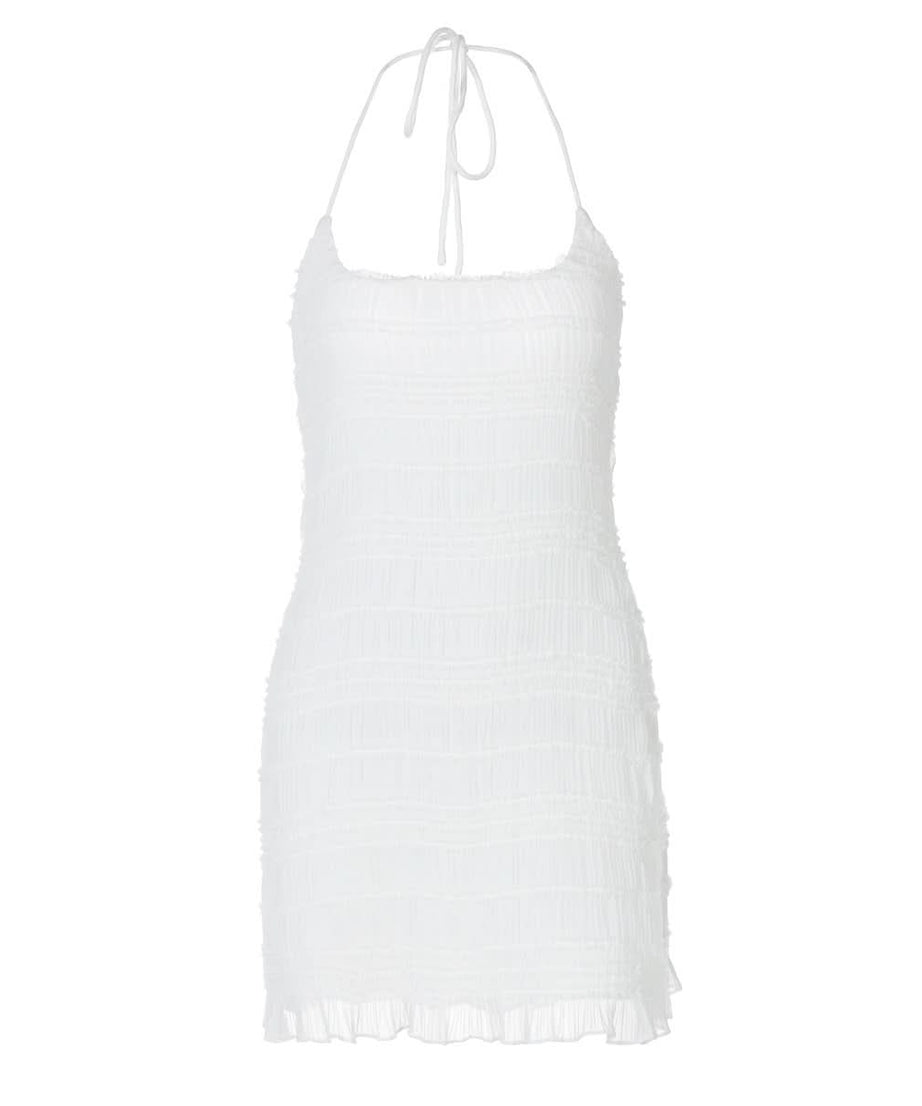 Chic White Halter Ruched Mini Dress - Your Go-To for Holiday Getaways & Resort Evenings