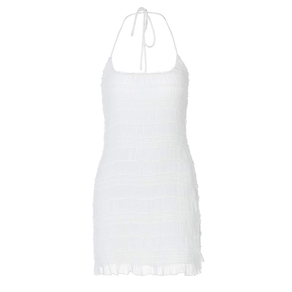 Chic White Halter Ruched Mini Dress - Your Go-To for Holiday Getaways & Resort Evenings