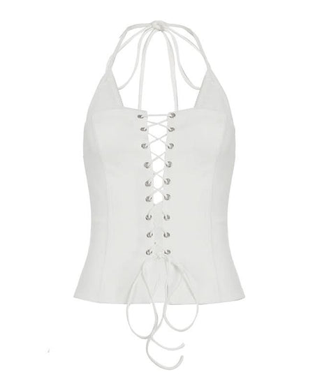 Chic White Lace-Up Halter Top - Trendy Corset Style for Fall & Halloween