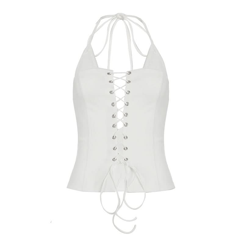 Chic White Lace-Up Halter Top - Trendy Corset Style for Fall & Halloween