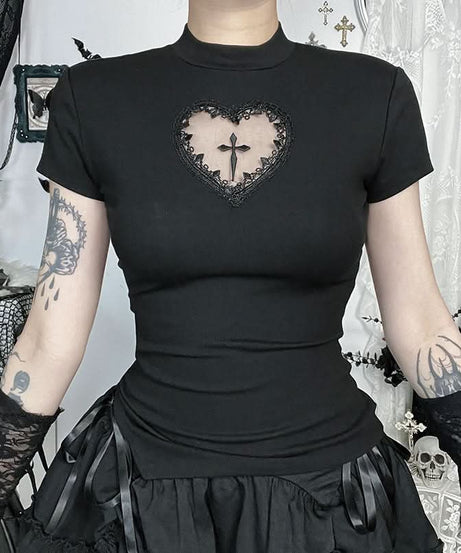 Hauntingly Chic Gothic Heart Cross Mock Neck Top - Perfect for Fall & Halloween Alt Style
