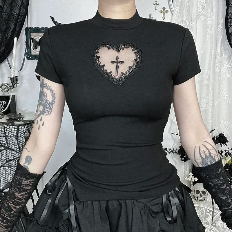 Hauntingly Chic Gothic Heart Cross Mock Neck Top - Perfect for Fall & Halloween Alt Style
