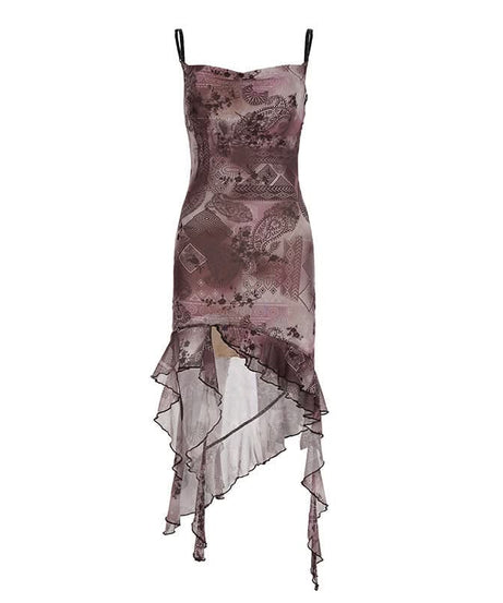 Mystic Bloom Mesh Ruffle Midi Dress | Asymmetrical Hem Cami Slip for Fall