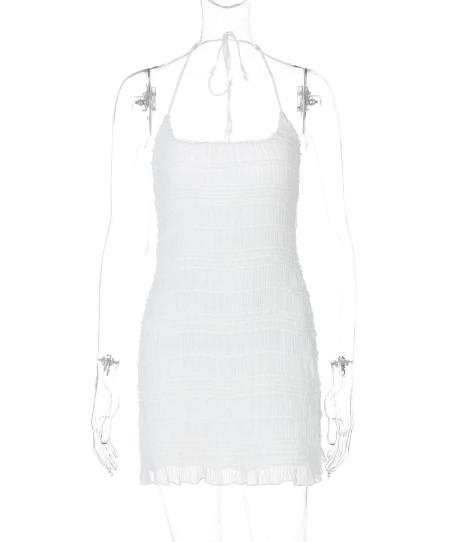 Chic White Halter Ruched Mini Dress - Your Go-To for Holiday Getaways & Resort Evenings