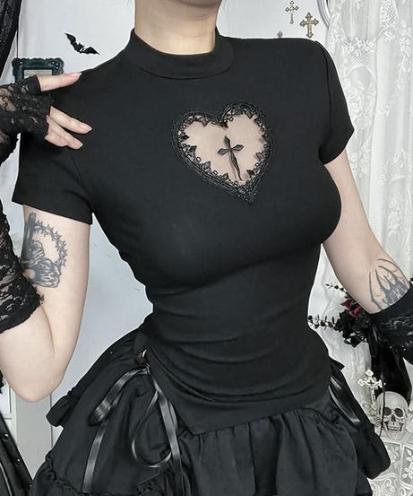 Hauntingly Chic Gothic Heart Cross Mock Neck Top - Perfect for Fall & Halloween Alt Style