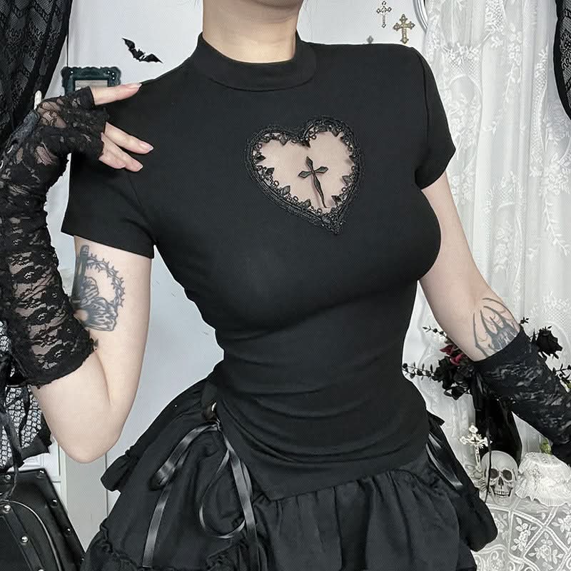 Hauntingly Chic Gothic Heart Cross Mock Neck Top - Perfect for Fall & Halloween Alt Style