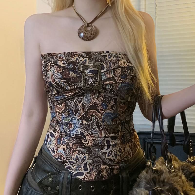 Fall Chic Paisley Buckle Tube Top for Women - Y2K Vintage Strapless Style