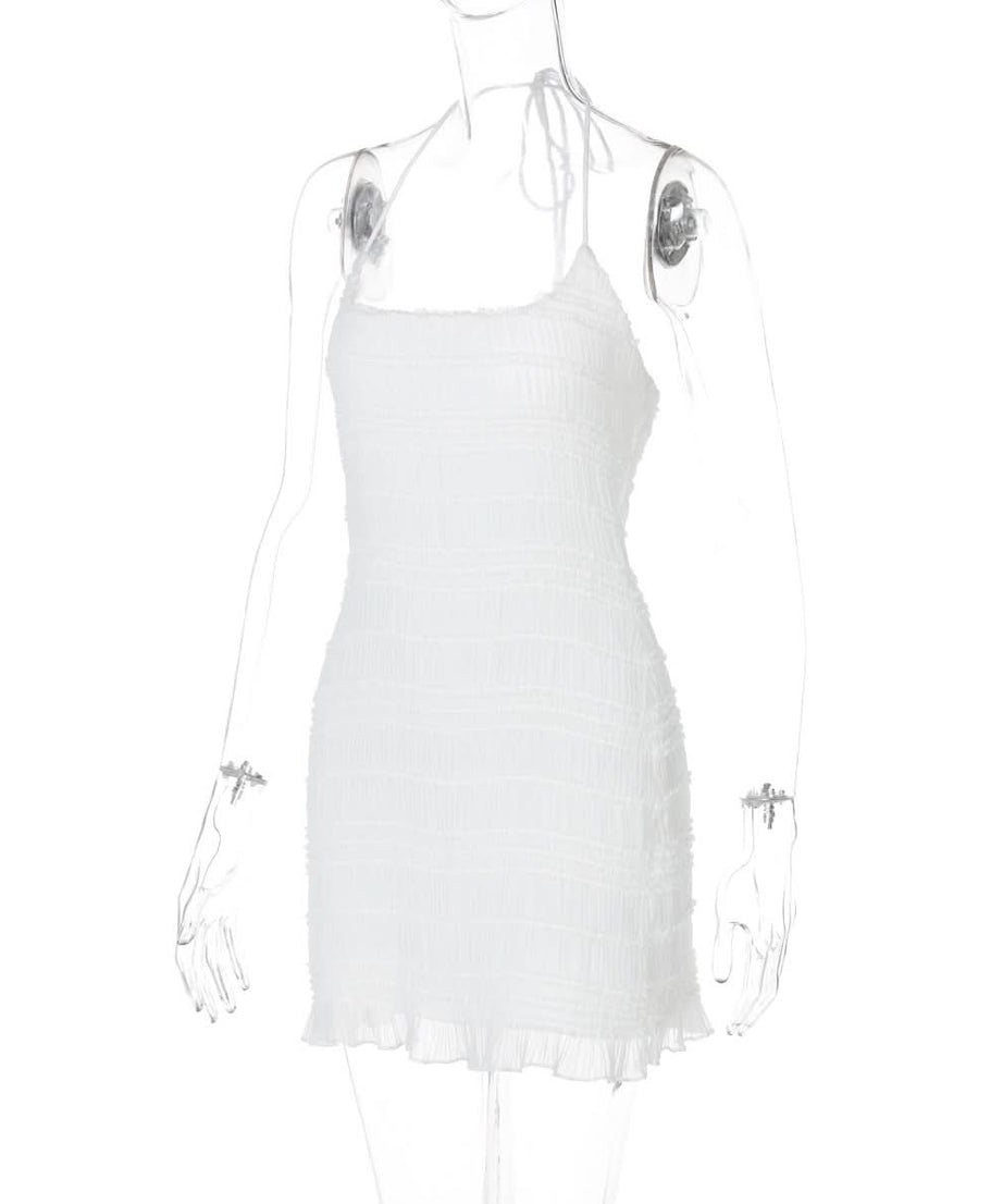 Chic White Halter Ruched Mini Dress - Your Go-To for Holiday Getaways & Resort Evenings