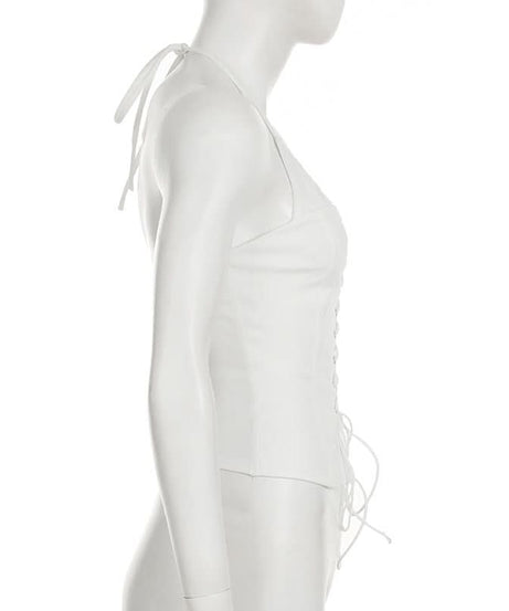 Chic White Lace-Up Halter Top - Trendy Corset Style for Fall & Halloween