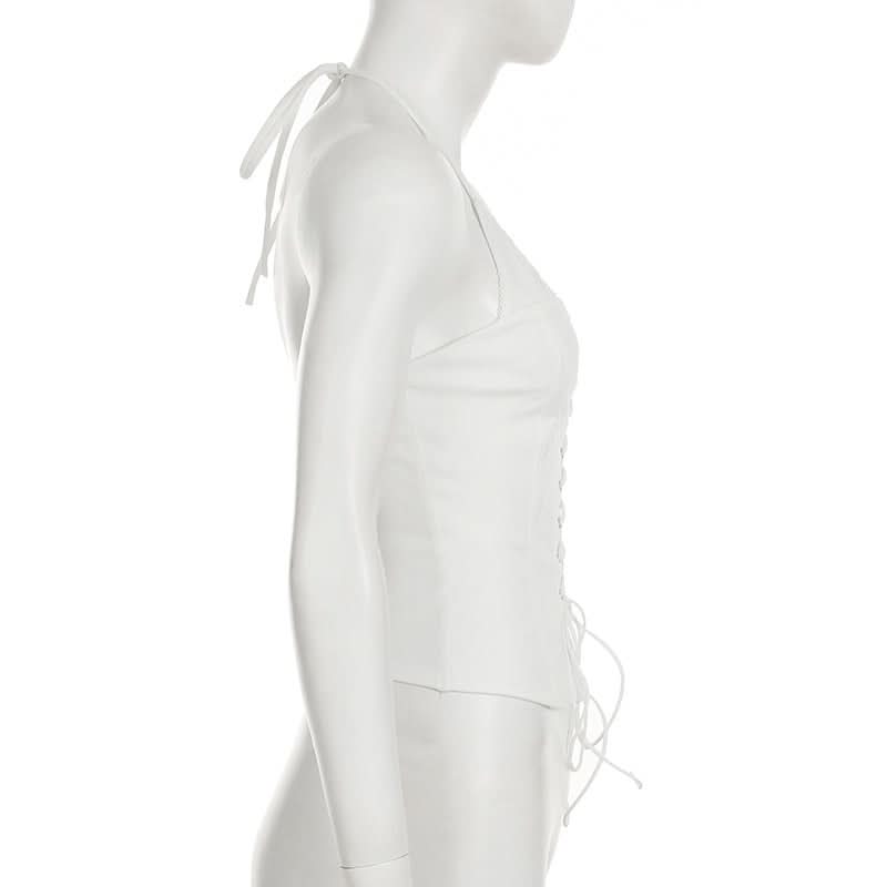 Chic White Lace-Up Halter Top - Trendy Corset Style for Fall & Halloween