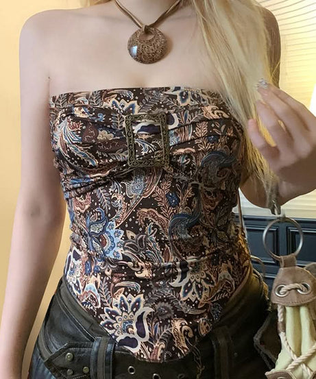 Fall Chic Paisley Buckle Tube Top for Women - Y2K Vintage Strapless Style