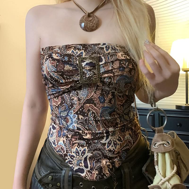 Fall Chic Paisley Buckle Tube Top for Women - Y2K Vintage Strapless Style