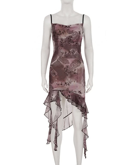 Mystic Bloom Mesh Ruffle Midi Dress | Asymmetrical Hem Cami Slip for Fall