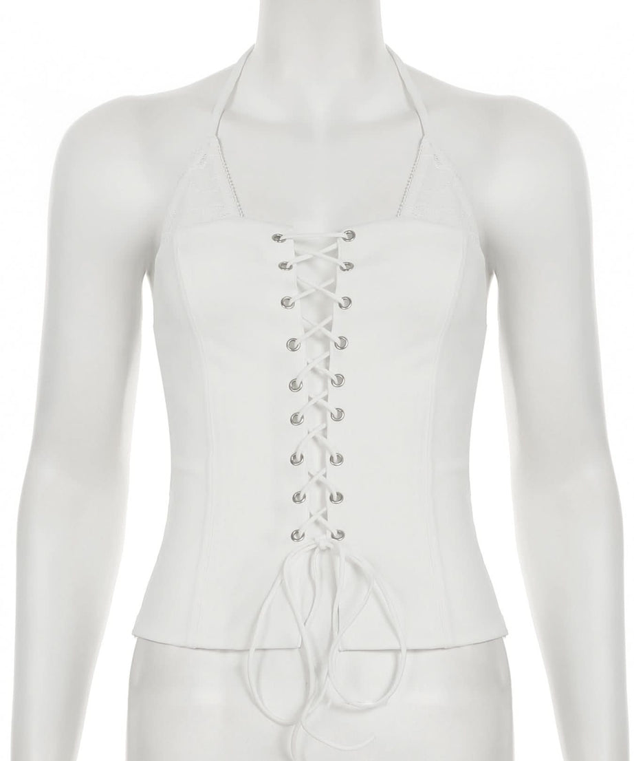 Chic White Lace-Up Halter Top - Trendy Corset Style for Fall & Halloween