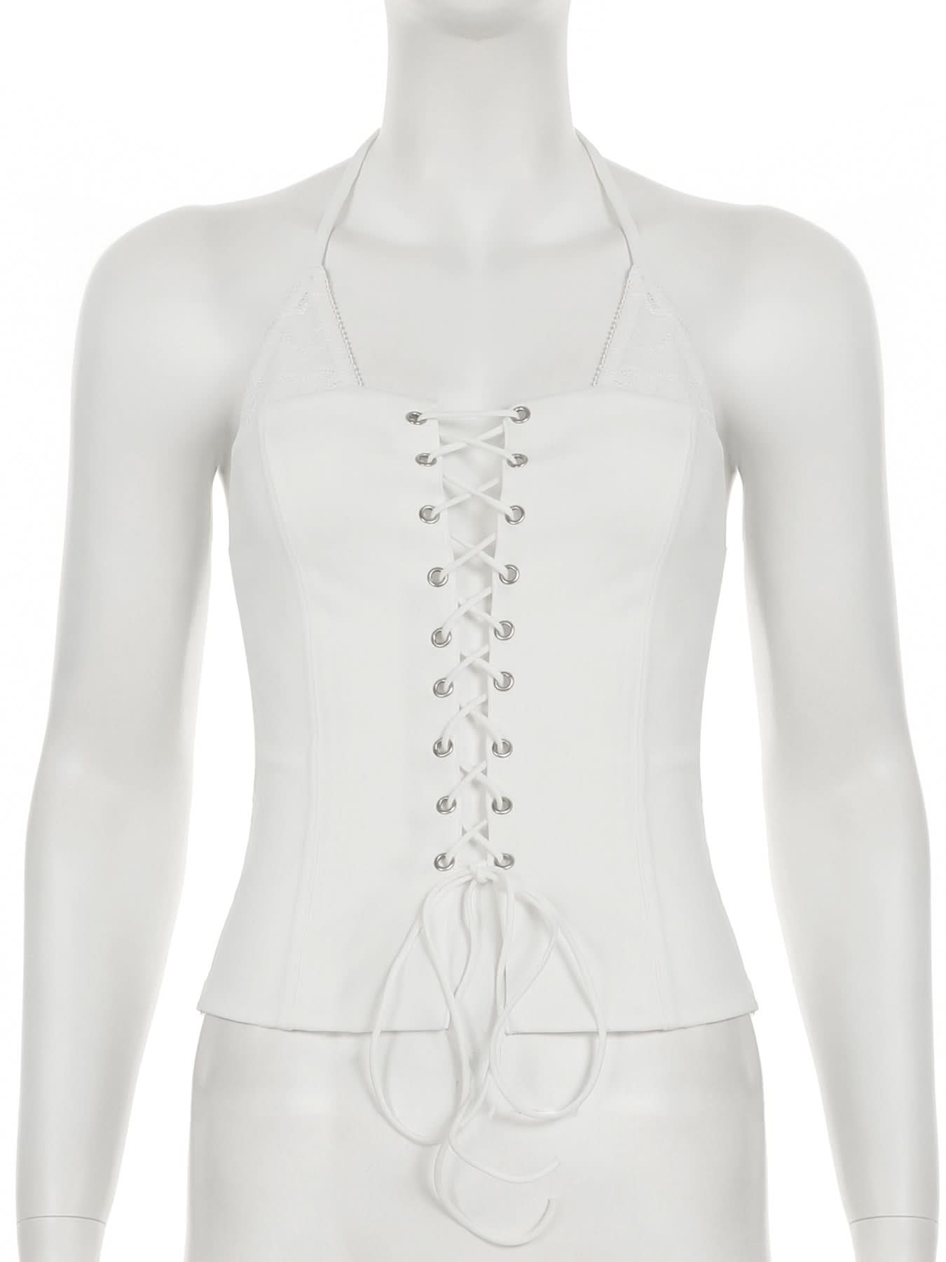 Chic White Lace-Up Halter Top - Trendy Corset Style for Fall & Halloween