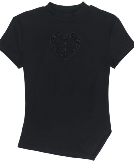 Hauntingly Chic Gothic Heart Cross Mock Neck Top - Perfect for Fall & Halloween Alt Style