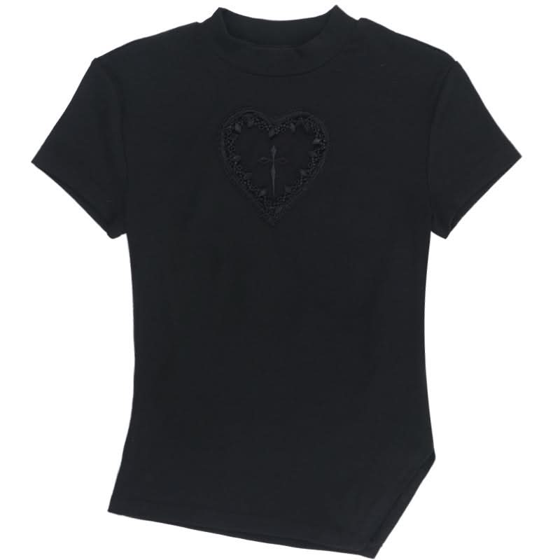 Hauntingly Chic Gothic Heart Cross Mock Neck Top - Perfect for Fall & Halloween Alt Style